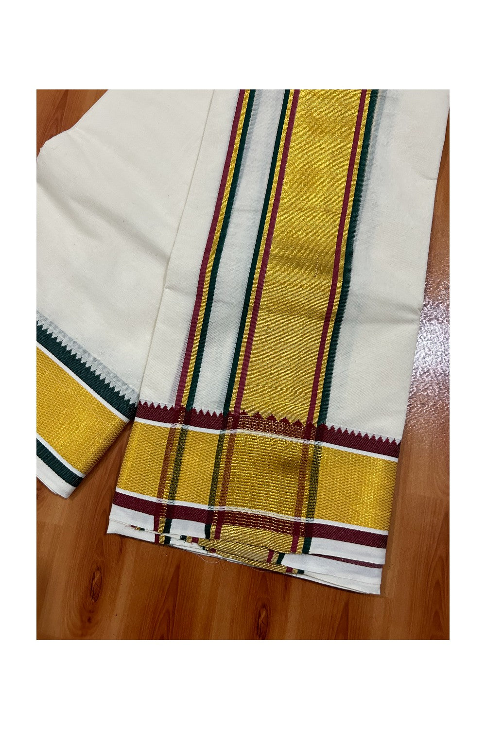 36% DISCOUNT! KaithariKada Cotton Mix Off White - (Unbleached) - 80x80 thread - 80% Cotton & 20% Polyester - NORTH INDIAN - ATTACHED GAMCHA 9X5 Dhoti 5 inch Kasavu Green Magenta kara with Green & Maroon Kasavu border - 11KK5005PMC