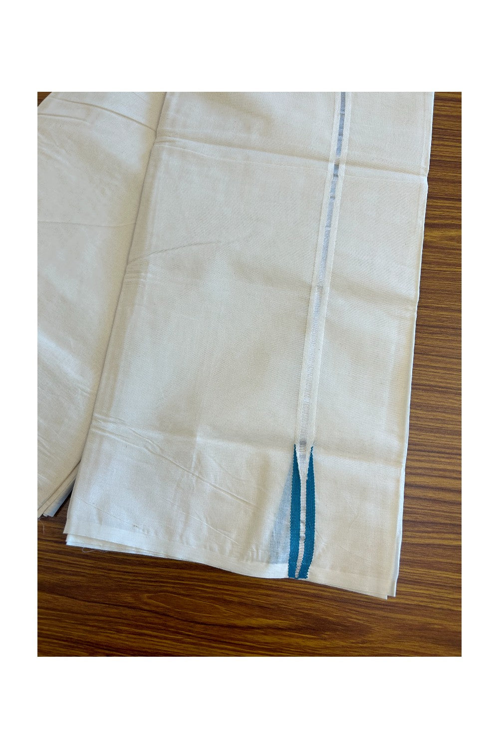18% Discount KaithariKada Balaramapuram 100% Cotton Double Off White - (Unbleached) - Mundu/Dhoti-100x100 - 1.5cm Silver Kasavu & Blue Green Chutty - 186
