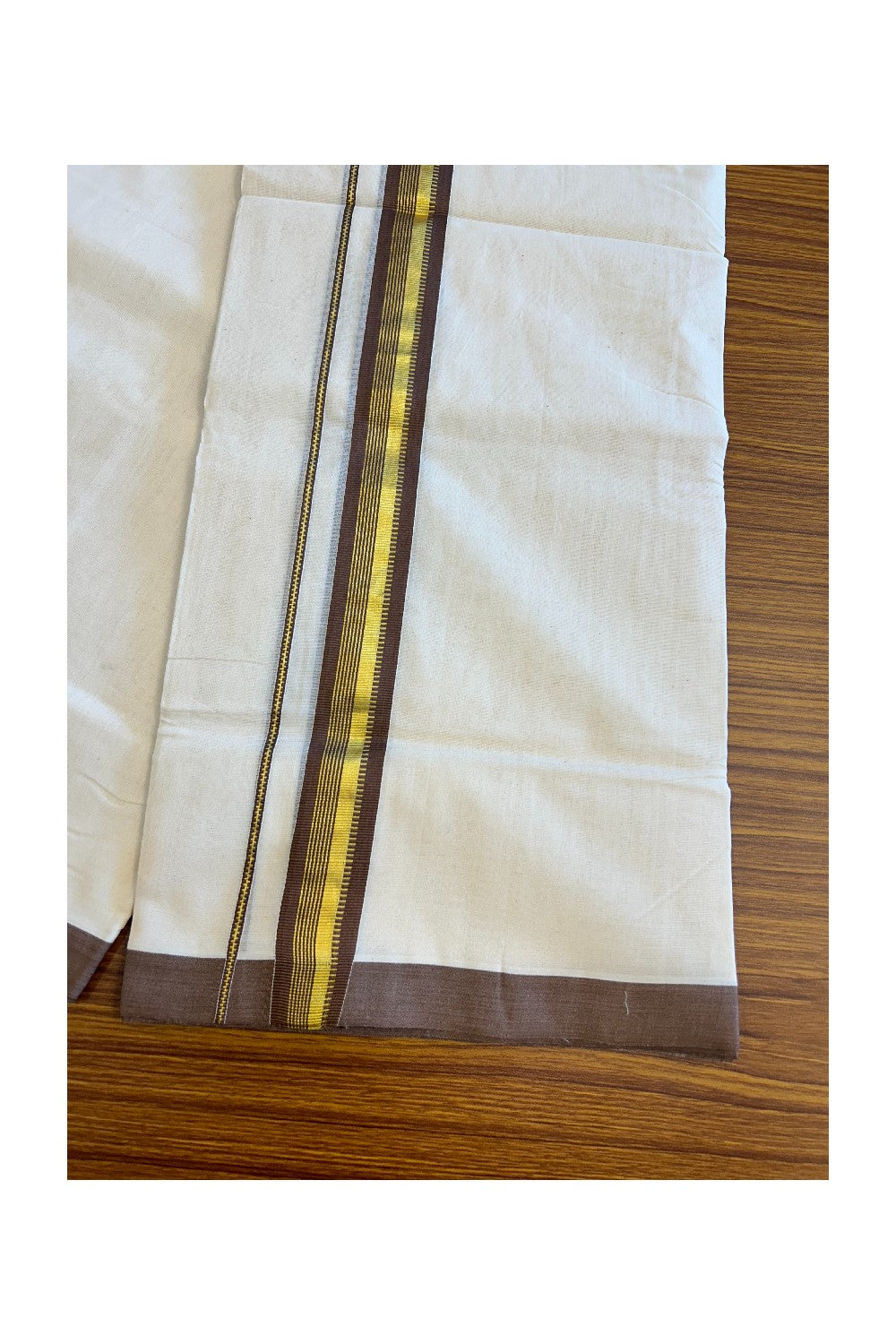30% Discount KaithariKada HANDLOOM Unakkupaav Balaramapuram - 100% PURE Cotton Off White (Unbleached) Double Mundu/Dhoti - 2.inch Kasavu & Brown Pattern Kara-210