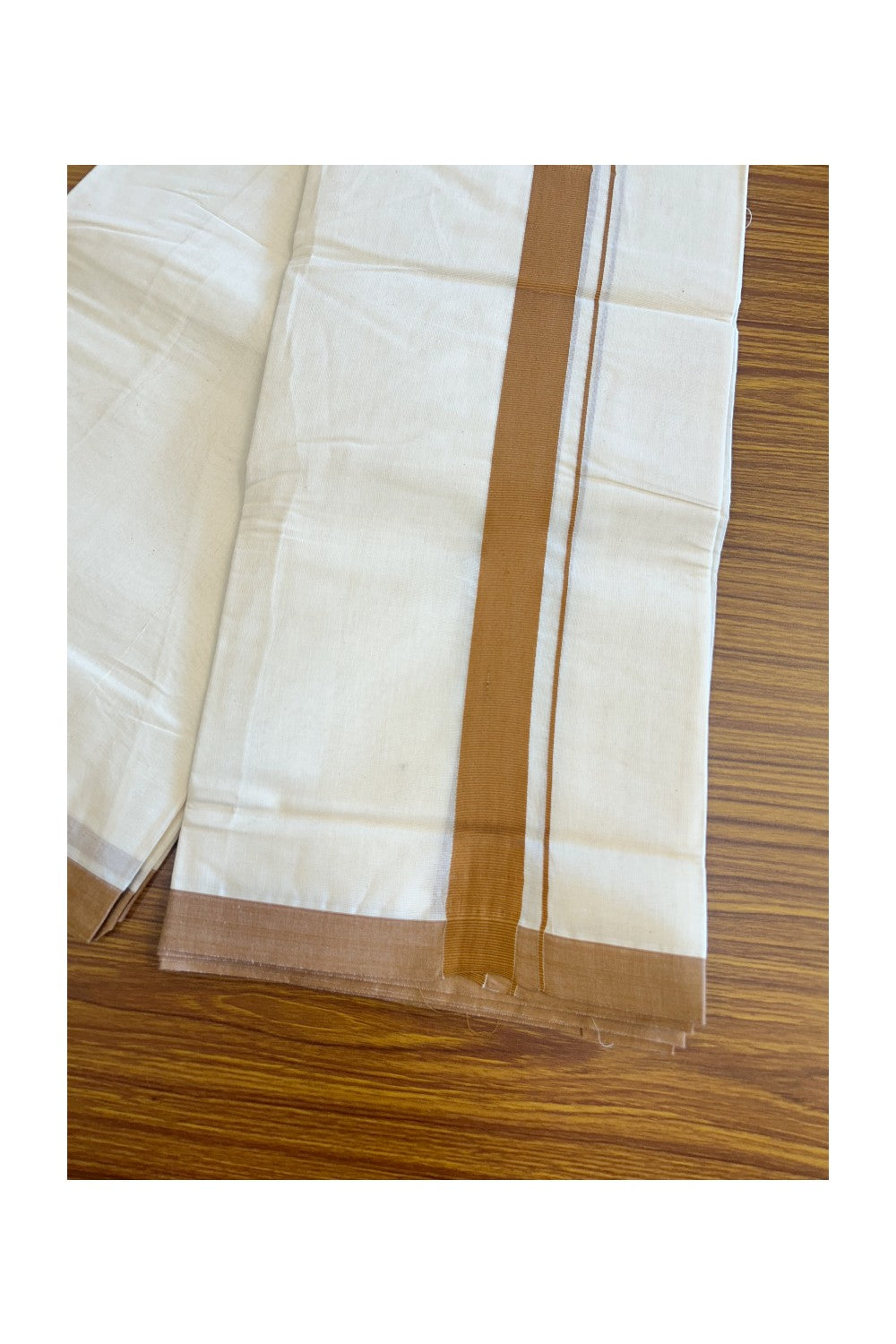 17% Discount KaithariKada Balaramapuram 100% Cotton Double Off white - (Unbleached) - Mundu/Dhoti- 100x80 - 1.75inch Brown Kara 3.75 mtr (8 Muzham) - 131