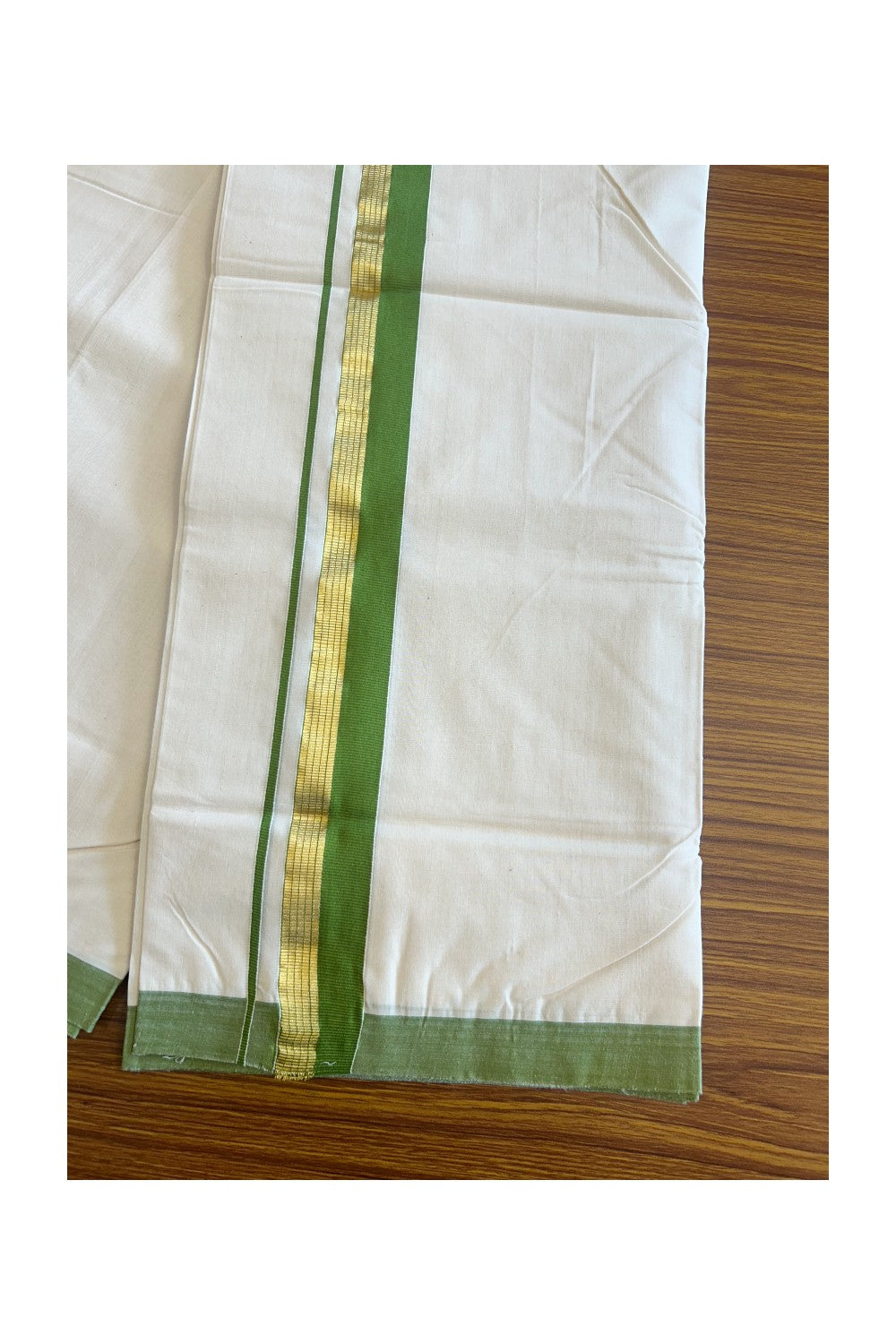 25% DISCOUNT! KaithariKada HANDLOOM Millpaav Balaramapuram - 100% PURE Cotton Off White (Unbleached)- Double Mundu/Dhoti - GREEN 1.5 inch KASAVU STRIPES KARA - 2.