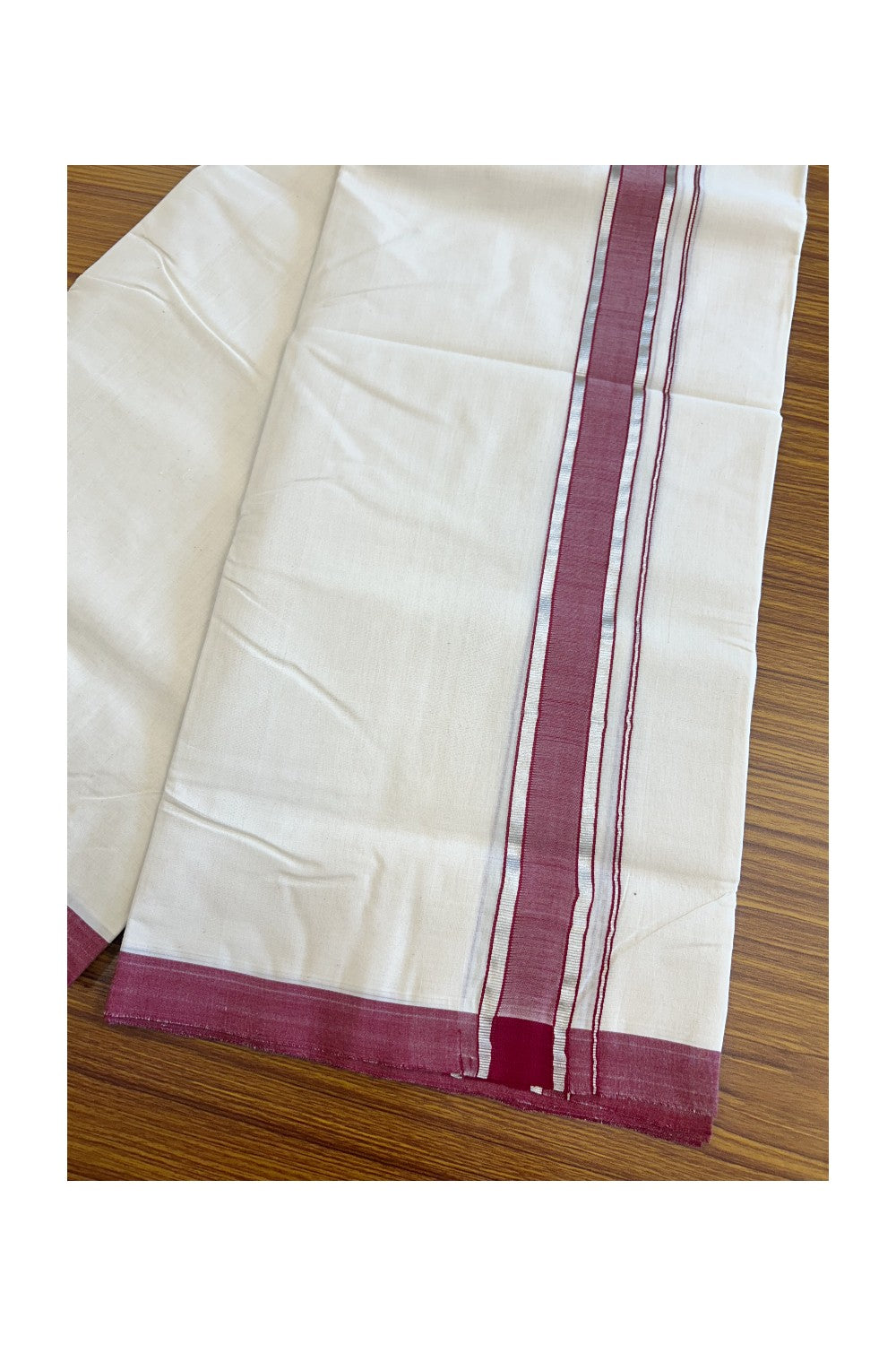 25% Discount !! KaithariKada HANDLOOM millpaav Balaramapuram - 100% PURE Cotton OFF White Double - (Unbleached) Mundu/Dothi - 2.25 inch Silver kasavu & Maroon shaded kara 4.5 Meters (10 Muzham) - 11KK5081RAM