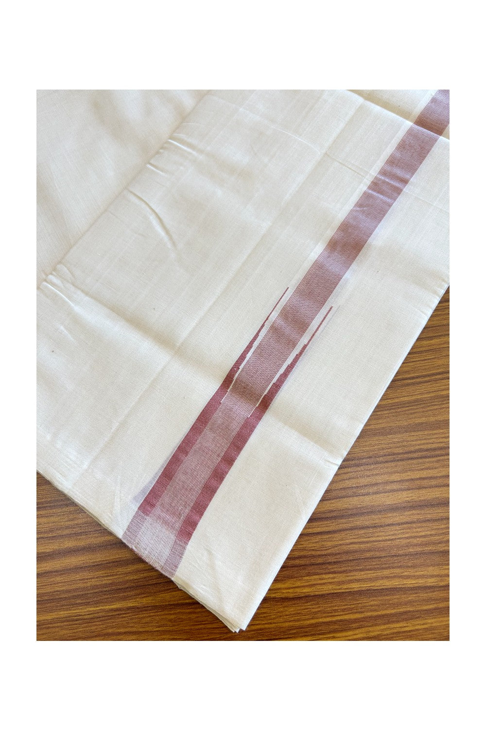 30% DISCOUNT! KaithariKada BALARAMAPURAM HANDLOOM UNAKKUPAAV - 100% PURE Cotton Off white (Unbleached) Double Mundu/Dhoti - 1.25 inch Dark Peach & Silver Kasav Chutty Kara - 11KK5123RAM