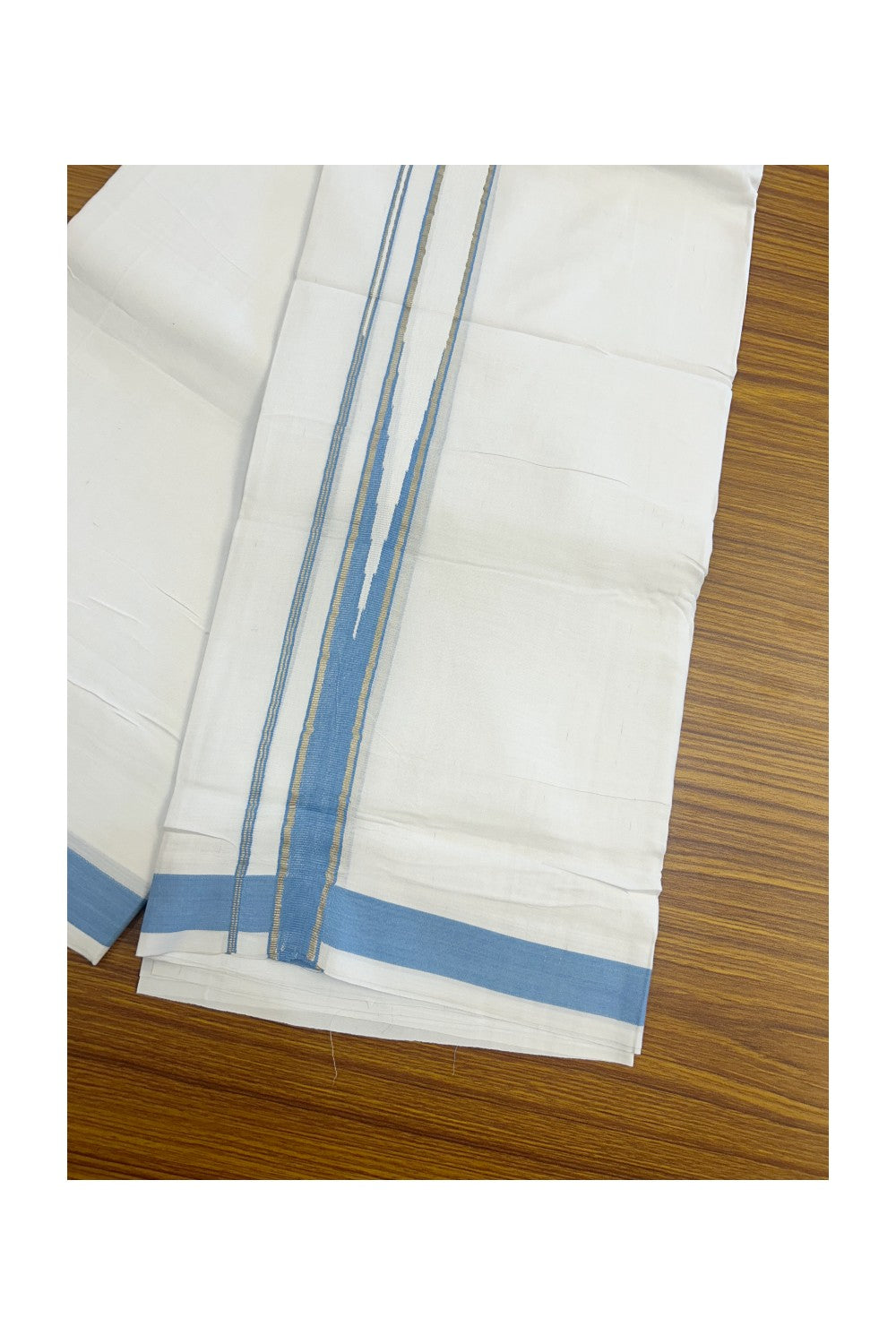 25% DISCOUNT! KaithariKada Balaramapuram 100% Mercerised Cotton Double ULTRA PURE white Mundu/Dhoti -120x120 - 1.25 inch Heavy Chutty Silver Kasavu & Light Blue Kara -11KK5139THI