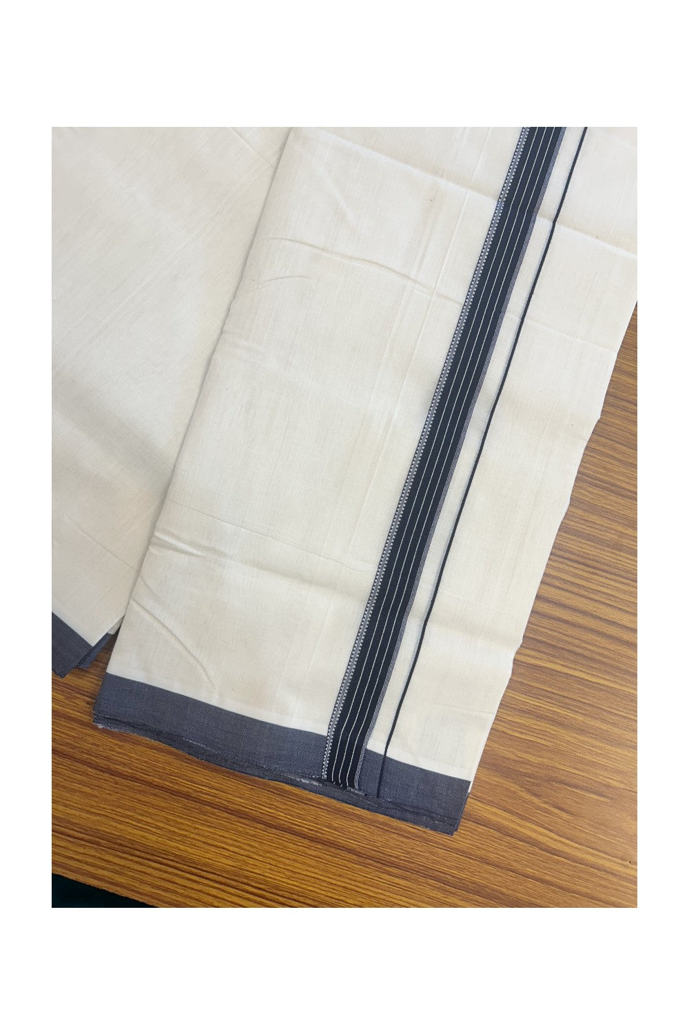 25% Discount!! KaithariKada HANDLOOM UNAKKUPAAV Balaramapuram - 100% PURE Cotton OFF White - (Unbleached) Double Mundu/Dothi - 80x100 - 1 inch Navy Blue & White pattern kara 3.80 meter (8.5 Muzham) - 15KK5167REA