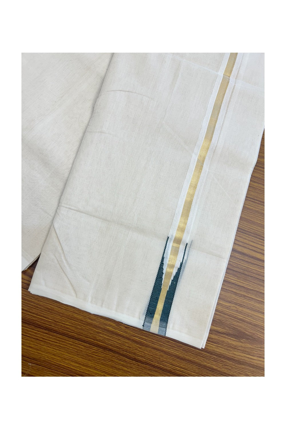 25% DISCOUNT!! KaithariKada HANDLOOM MILPAAV Balaramapuram - 100% PURE Cotton OFF White Double - (Unbleached) Mundu/Dothi - 100x100 - 1 Inch Kasavu Green chutty Kara - 11KK5177RAM