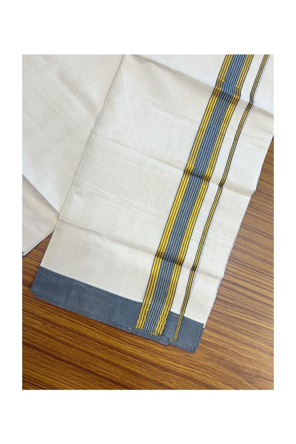 20% DISCOUNT! KaithariKada Balaramapuram Double OFF WHITE Mundu/Dhoti - 80x80- 1.5 Inch Gold Kasavu & Ash Blue Shaded striped Kara - 11KK5182VAS