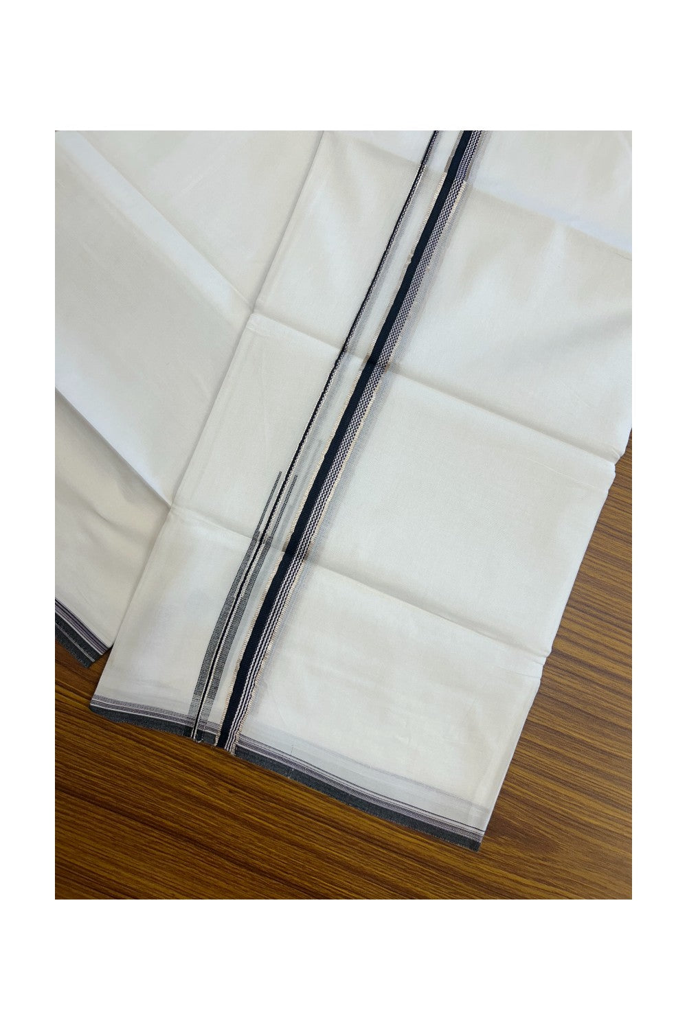 20% Discount !! Kaitharikada Balaramapuram 100% Cotton PURE WHITE DOUBLE Mundu/Dothi- 100X80 Thread - 0.5 inch - Silver Kasavu Navy Blue & Purple Design Chutty Kara - 11KK5184RAMS