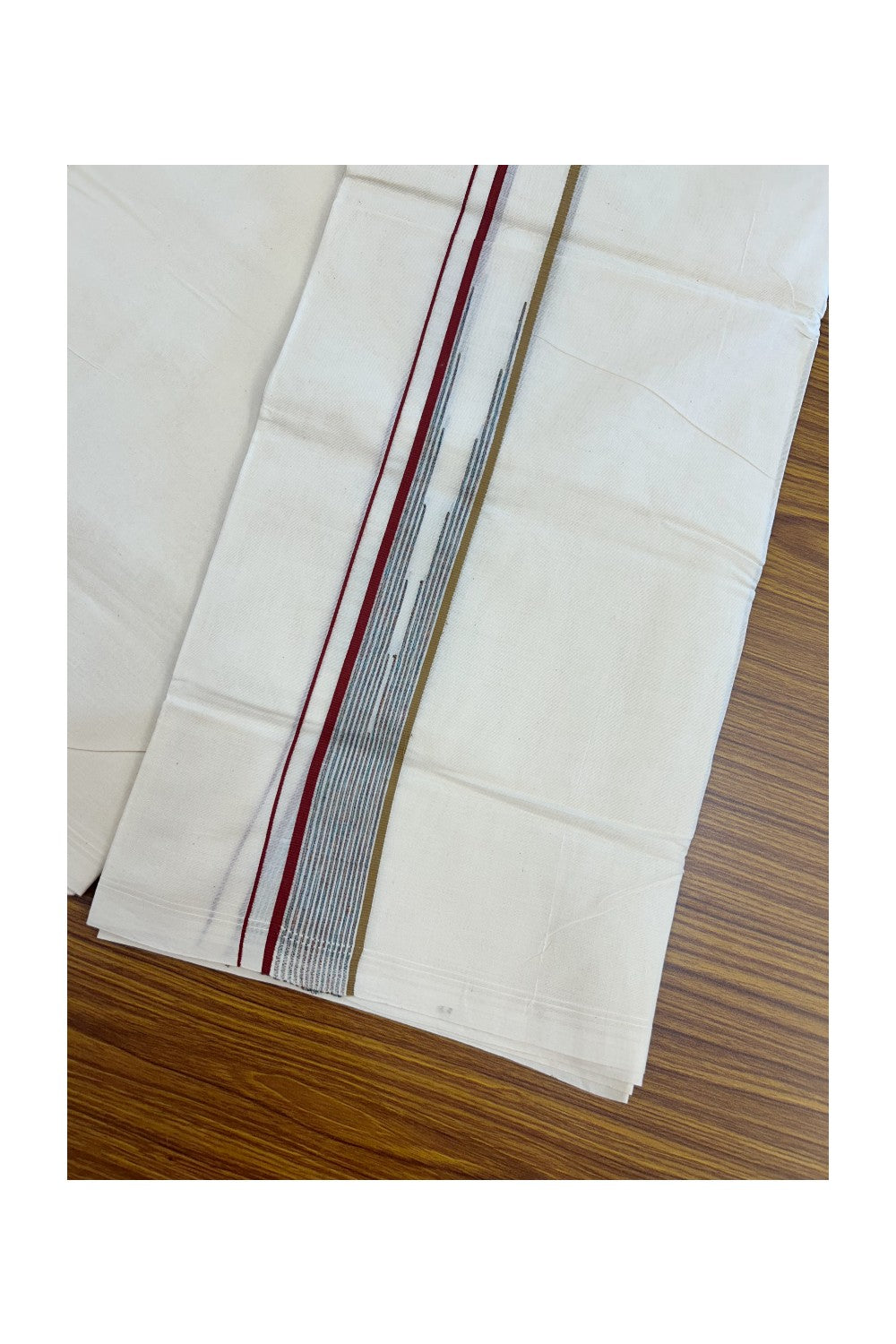 20% Discount ! Kaitharikada Balaramapuram 100% Cotton Double Off white (Unbleached) Mundu/Dhoti - 100x80 - 1.5 inch Maroon & Brown Stripes Chutty Kara - 11KK5186CKS