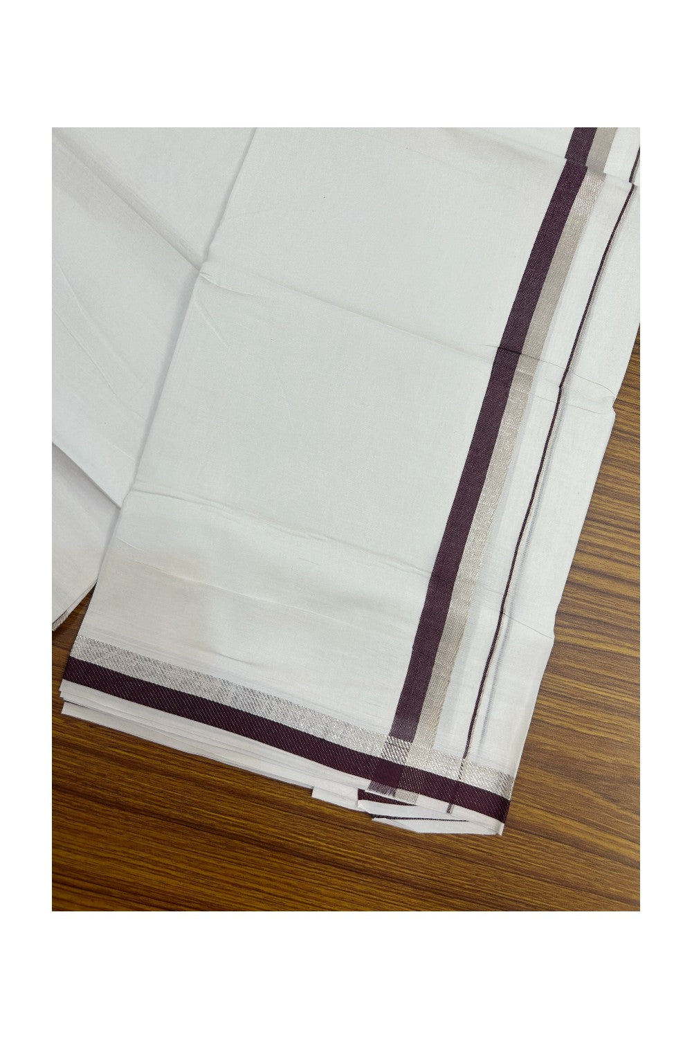 20% Discount !! Kaitharikada Balaramapuram 100% Cotton PURE WHITE Double Mundu/Dothi - 100x100 - 1 inch Silver Kasavu & Grape Wine Kara - 11KK5191CKS