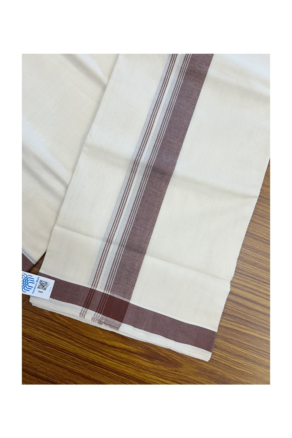 25% Discount KaithariKada HANDLOOM Unakkupaav Balaramapuram - 100% PURE Cotton off white (Unbleached) Double Mundu/Dhoti - 80X90 - 1.25 inch Light Brown side Stripes Kara 3.80 mtr - 11KK5192ELA