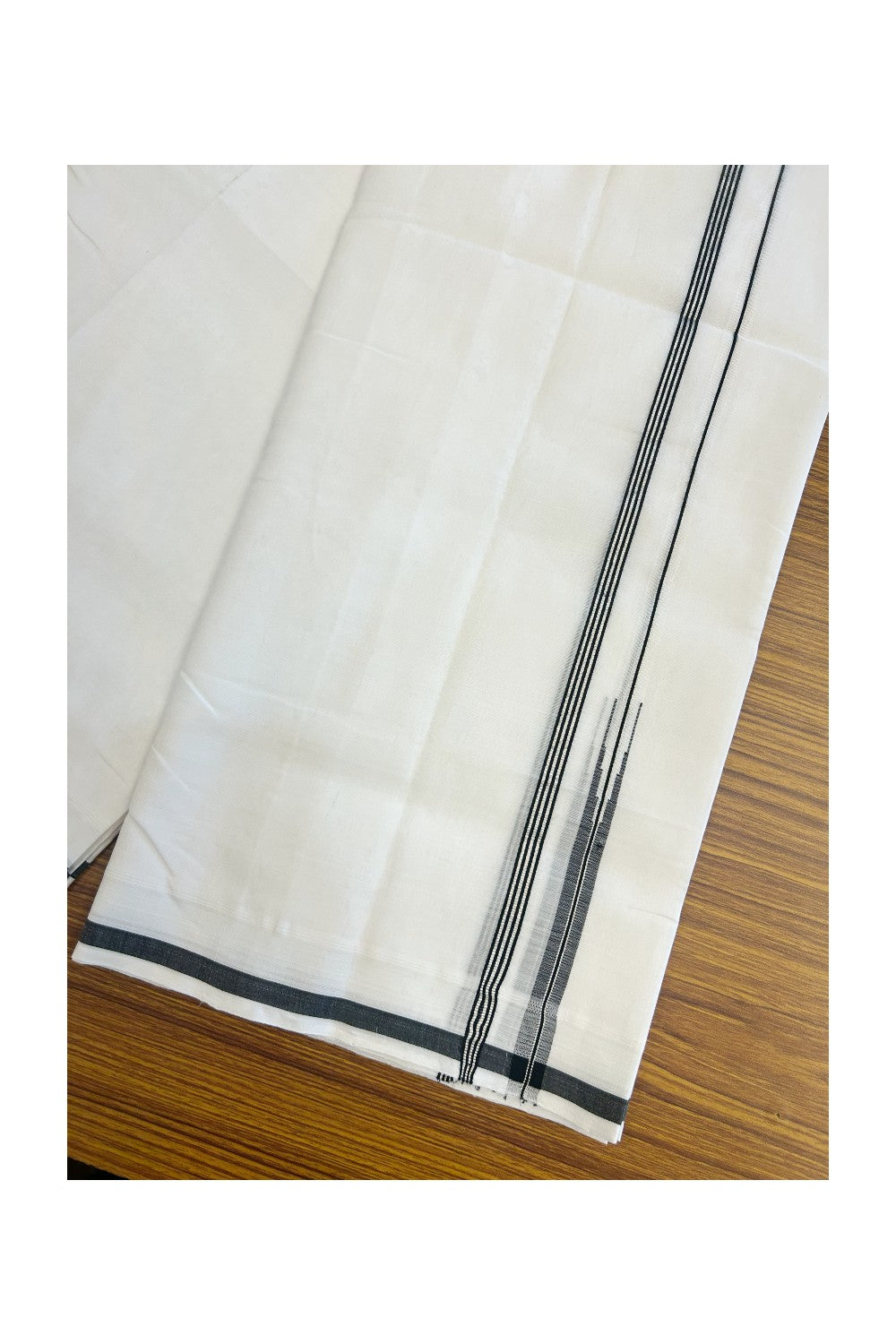 25% Discount!! NEW ULTRA PURE WHITE HANDLOOM Balaramapuram - 100% Mercerised Cotton Double Mundu/Dhoti - 120 twisted warp x 80s weft - 0.25 inch Puliyilakkara Black & Silver Kasavu Striped Chutty Kara- 11KK5200REA