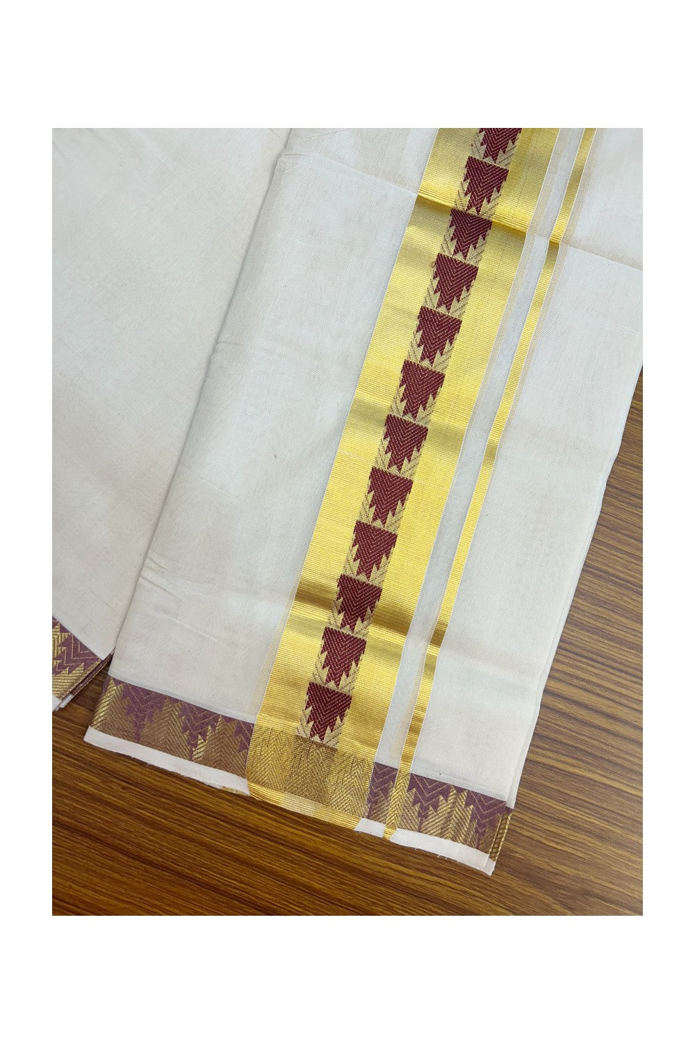 25% DISCOUNT ! KaithariKada HANDLOOM UNAKKUPAAV Balaramapuram - 100% PURE Cotton Off White - (Unbleached) Double Mundu/Dhoti - 2.75 inch Gold Kasavu & Maroon Temple Jacquard Design Kara - 11KK5208ABH