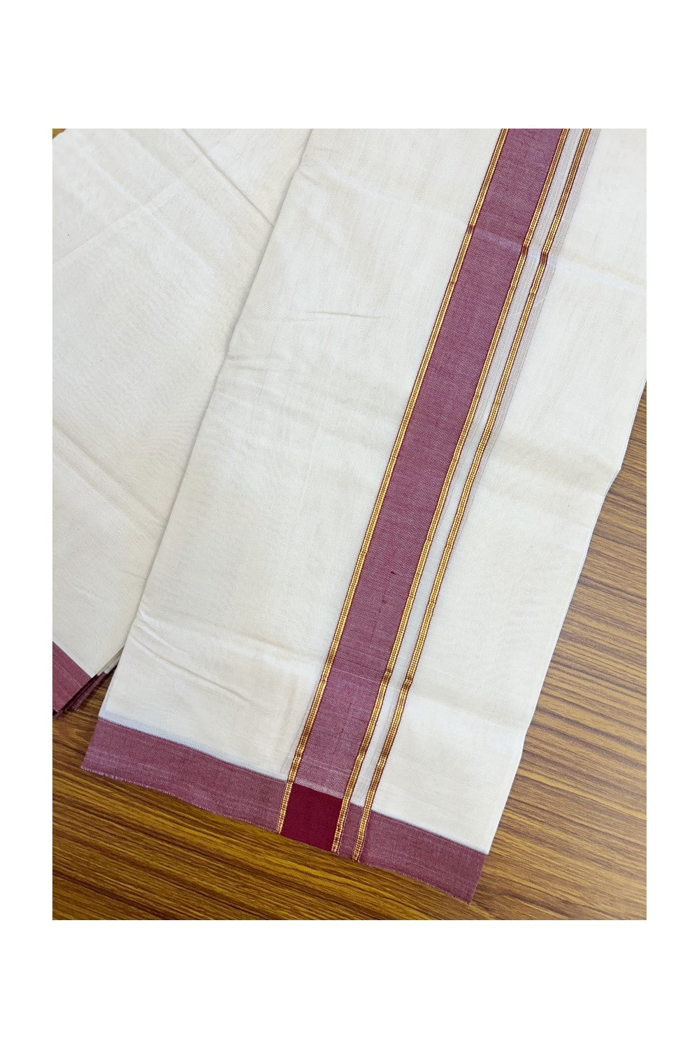 NEW !! 20% DISCOUNT!! KaithariKada Balaramapuram 100% Cotton Double Off white - (Unbleached) Mundu/Dhoti-100x80 - 1.5 inch Gold Kasavu & Maroon Shaded Striped KARA - 3.75 mtr (8 Muzham) - 11KK5218 ASH