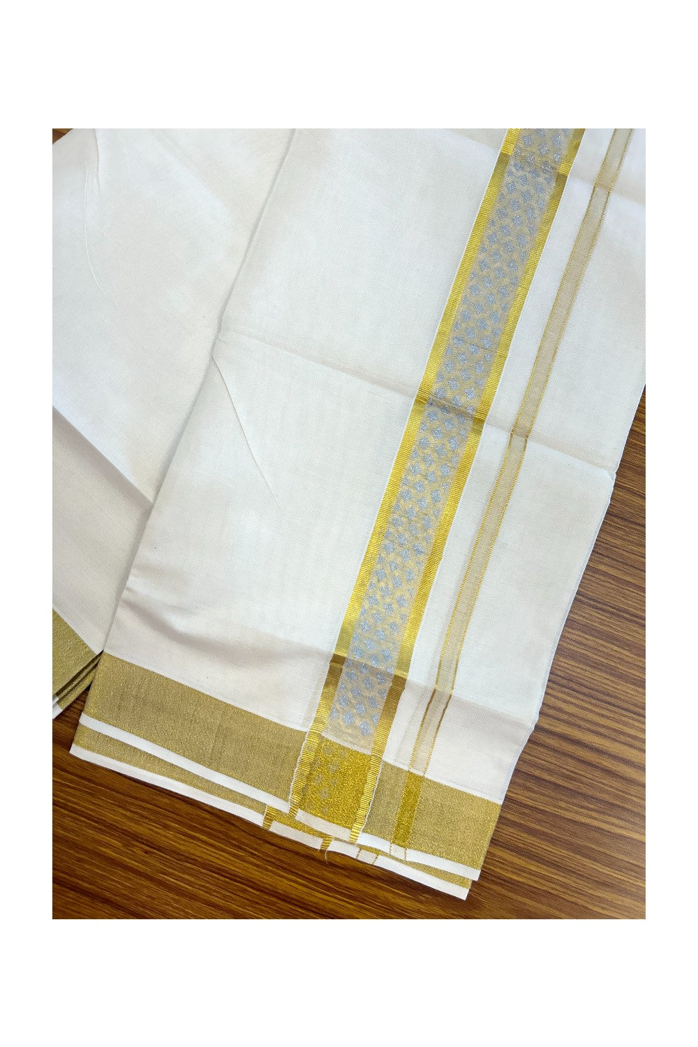 22% Discount!! KaithariKada Balaramapuram 100% Cotton DOUBLE OFF WHITE - (Ubleached) Mundu/Dhoti - 80x90 - 1.5 inch Gold Kasavu with Silver Printed Design Kara - 11KK5219 GAN