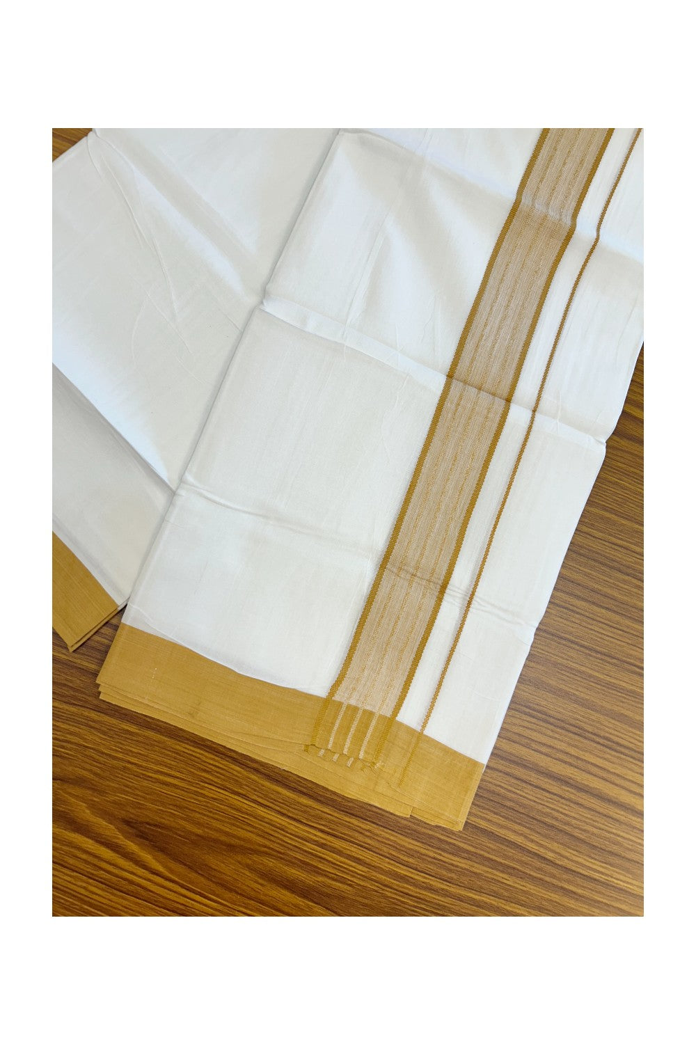 20% DISCOUNT!!! KaithariKada Balaramapuram 100% Cotton DOUBLE PURE WHITE Mundu/Dhoti - 100X80 - 1.75 Inch Yellow Orange Shaded Stripes kara 3.75 mtr (8 muzham) - 11KK5220 THI