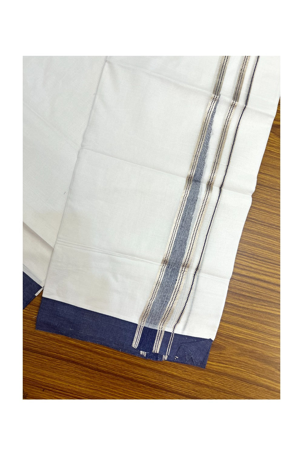 20% Discount ! Kaitharikada Balaramapuram 100% Cotton PURE WHITE DOUBLE Mundu/Dothi - 100x100 - 1.25 inch Puliyilakkara Navy Blue & Silver Kasav Stripes Chutty Kara 4 mtr (8.5 muzham) - 11KK5221 GAN