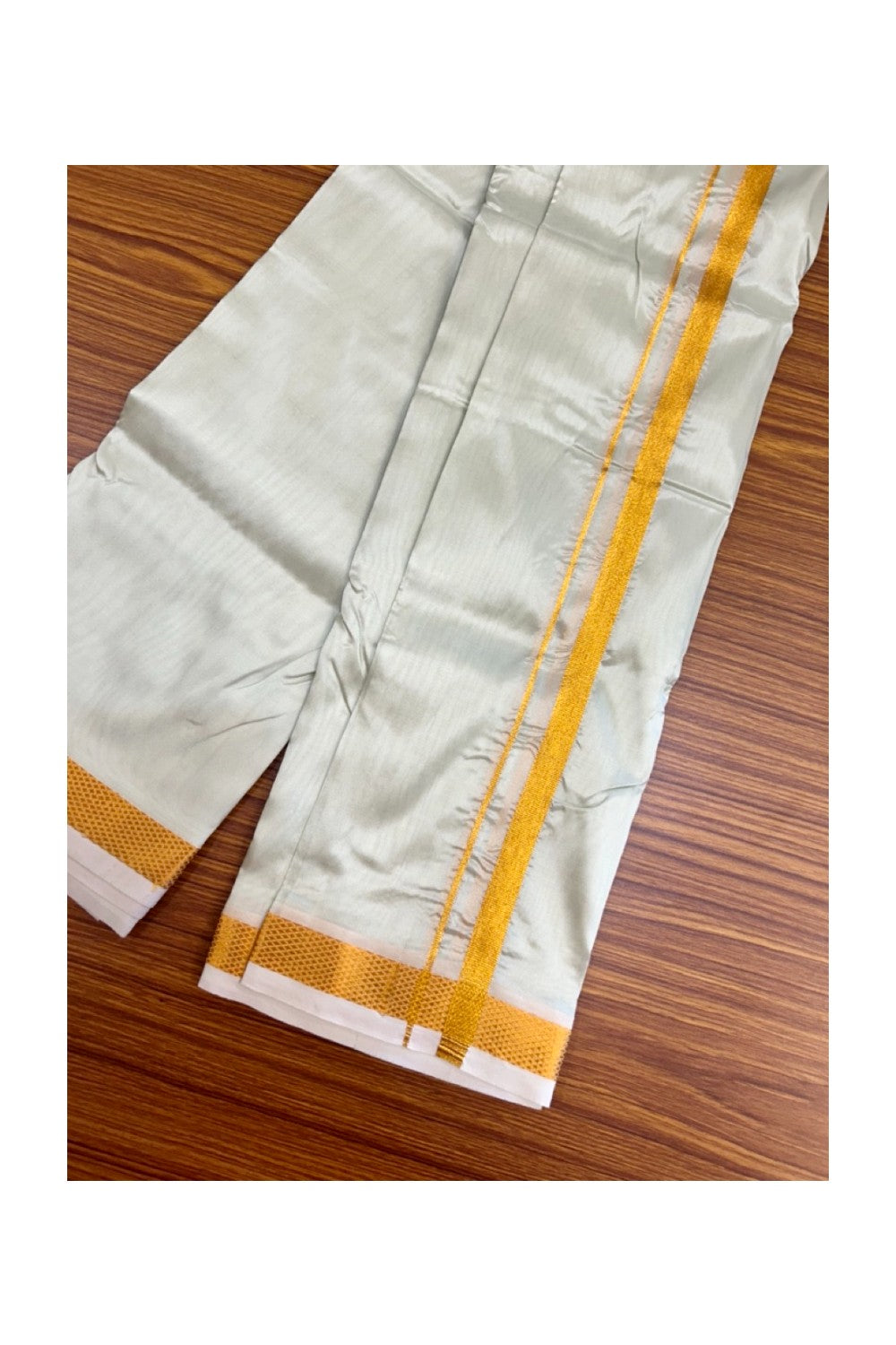 12% Discount!! KaithariKada Balaramapuram 100% Silk Double Mundu/Dhoti - Pastel Green Colour Body - 0.5 inch Gold Kasav Kara 3.60 mtr (8 muzham) - 11KK5222 GAN