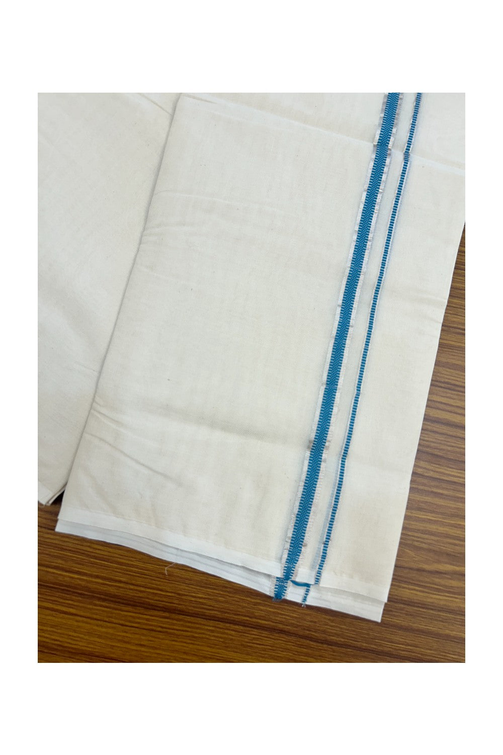 20% Discount KaithariKada Balaramapuram 100% Cotton Double Off white - (Unbleached) - Mundu/Dhoti - 100x100 - 1.5 cm Silver Kasav & Blue Design Kara - 11KK5226 ASH