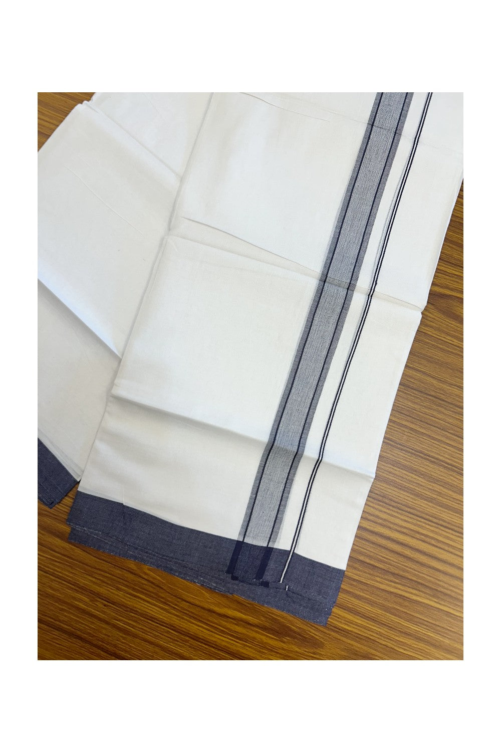 32% DISCOUNT! KaithariKada Balaramapuram 100% Cotton Double Pure white Mundu/Dhoti-( 60s ) - 1.25 inch Navy Blue Shaded Kara - 3.86mtr ( 8 muzham) - 11KK5227 PMC