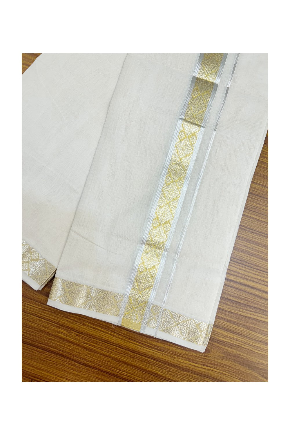 25% DISCOUNT ! KaithariKada HANDLOOM Unakkupaav Balaramapuram - 100% PURE Cotton OFF WHITE - (Unbleached) Double Mundu/Dhoti - 100x80 - 1.5 inch Gold Kasavu & Silver Jacquard Design Kara 3.80 meter (8 Muzham) - 10KK5231 ABH