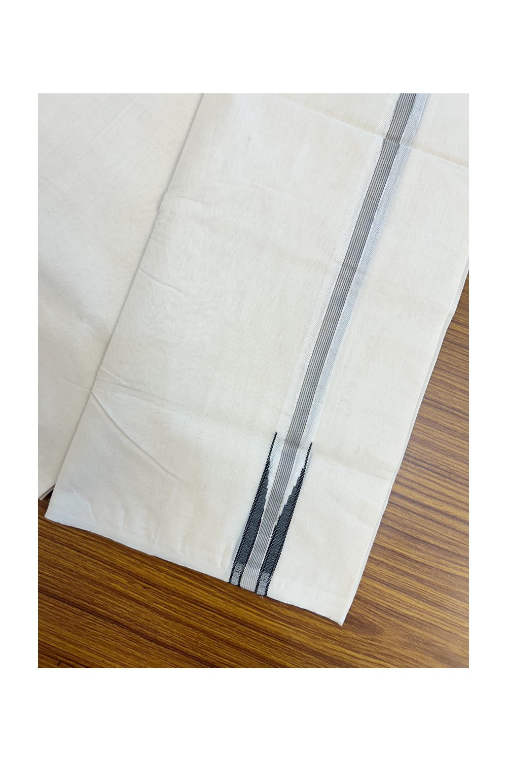 25% DISCOUNT!! KaithariKada HANDLOOM MILLPAAV Balaramapuram - 100% PURE Cotton OFF White Double - (Unbleached) Mundu/Dothi - 80X90 - 1 inch Puliyilakkara Black & Silver Kasavu Stripes chutty Kara 4 mtr (8.5 Muzham)- 11KK5234 RAM