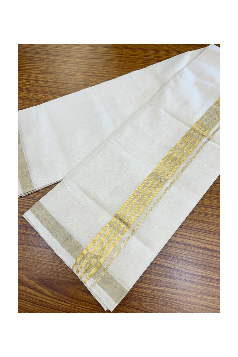 25% Discount!!! KaithariKada HANDLOOM UNAKKUPAAV Balaramapuram - 100% PURE Cotton OFF WHITE (Unbleached) Double Mundu/Dhoti - 80x90 - 3.5 cm Kasavu striped kara 3.85 Mtr (8 Muzham) - 11KK5235 YAR