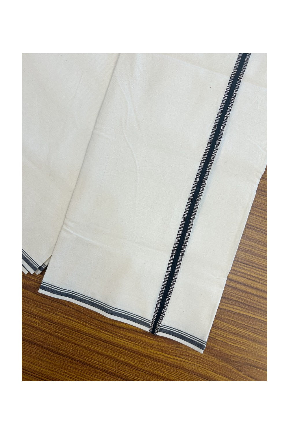20% Discount!! KaithariKada Balaramapuram 100% COTTON SINGLE OFF WHITE - (Unbleached) Mundu/Dhoti - 100X100 -0.75 inch Silver Kasavu & Black Striped Kara(2 meter / 4 muzham) - 12KK5238 ASH