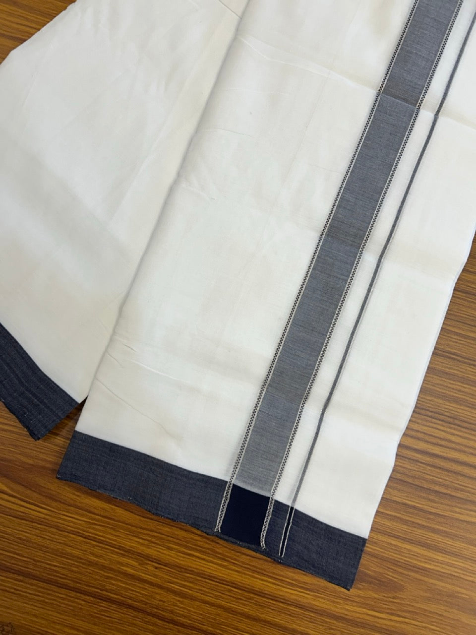 25% Discount!! NEW ULTRA PURE WHITE THREAD HANDLOOM Balaramapuram - 100% MERCERISED Cotton Double Mundu/Dhoti - 120 twisted warp x 80s weft - Navy Blue Silver Kasav Kara- 11KK5248 REA