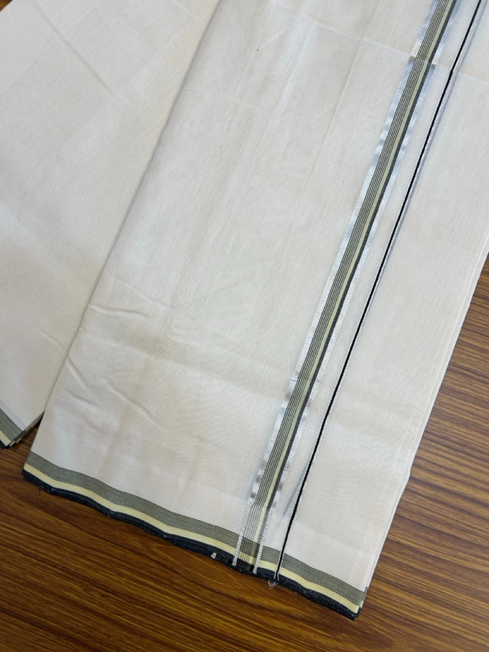 25% DISCOUNT!! KaithariKada HANDLOOM UNAKKUPAAV Balaramapuram - 100% PURE Cotton OFF White - (Unbleached) Double Mundu/Dothi - 120 x 100 - 0.75 inch Black & Light Green Silver Kasav Striped Kara 4 meter - 11 KK5249 REA