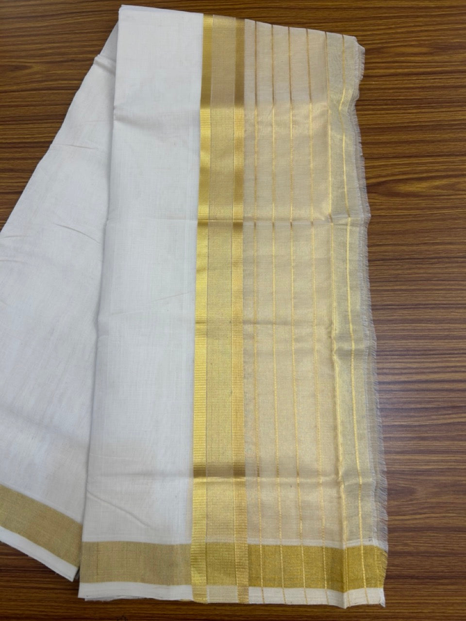 25% Discount ! KaithariKada Handloom Milpaav Balaramapuram - Pure Cotton Off White - (Unbleached) Double Mundu/Dhoti - (80X90s) - 7 inch Gold Kasav Striped & Half Tissue Kara - 101 KK5256 RAM