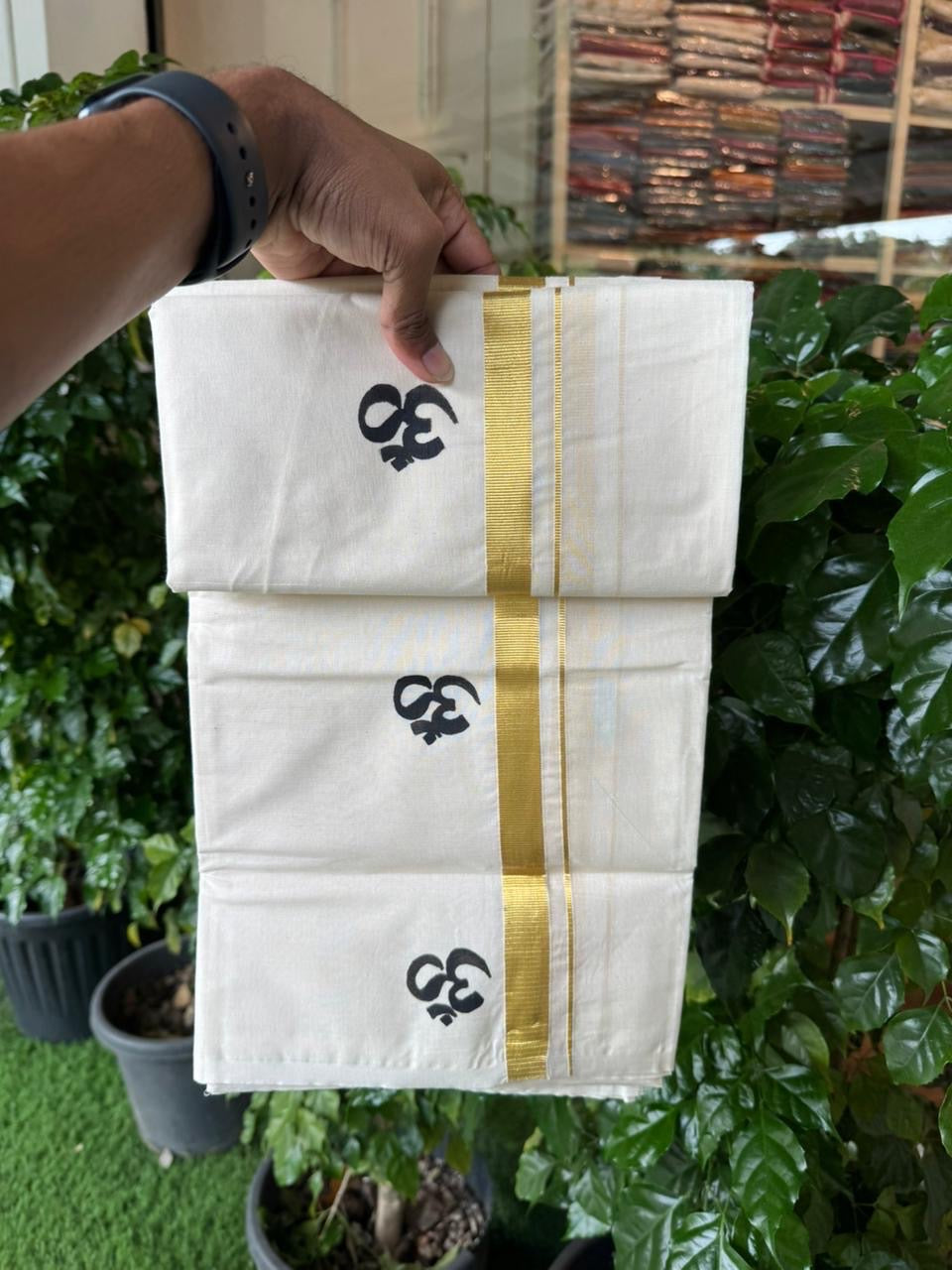 KaithariKada Balaramapuram 100% Cotton Double Off white - (Unbleached) Mundu/Dhoti-100x80 - 0.75 inch Hand Painted Gold Kasav & Black Ohm Design Kara 3.75 mtr (8 muzham) - 13 KK5244 ASH