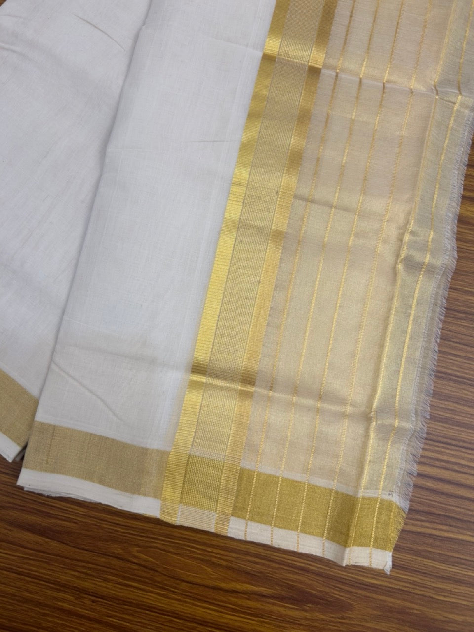 25% Discount ! KaithariKada Handloom Milpaav Balaramapuram - Pure Cotton Off White - (Unbleached) Double Mundu/Dhoti - (80X90s) - 7 inch Gold Kasav Striped & Half Tissue Kara - 101 KK5256 RAM