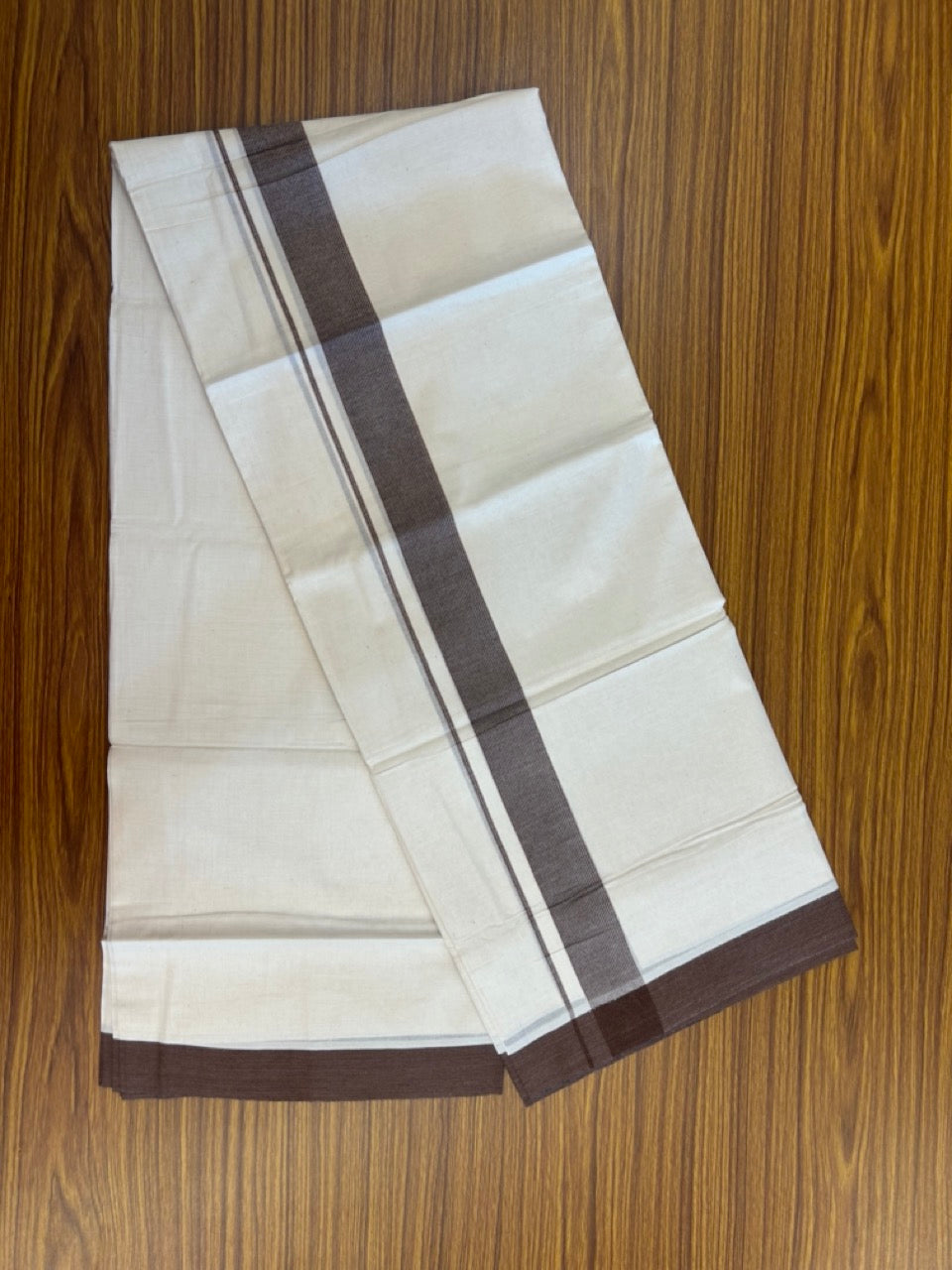 20% Discount! KaithariKada Balaramapuram 100% Cotton Off white Double Mundu/Dhoti - (100x80)S - 1.5 inch Brown Striped Kara - 4mtr (8.5muzham) - 110 KK5255 VAS