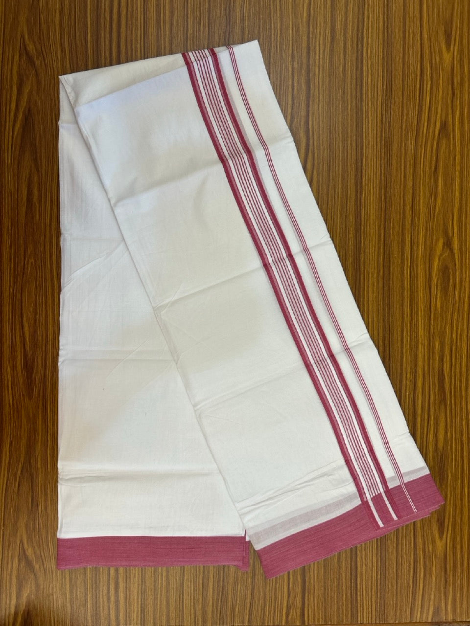 Pure White Double 20% Discount! KaithariKada 100% Cotton Pure Cotton Double Mundu / Dhoti - 100x80 - 1.5 inch Magenta White Stripes Shaded Kara 3.80 meter (8 muzham) - 110 KK5220 THI
