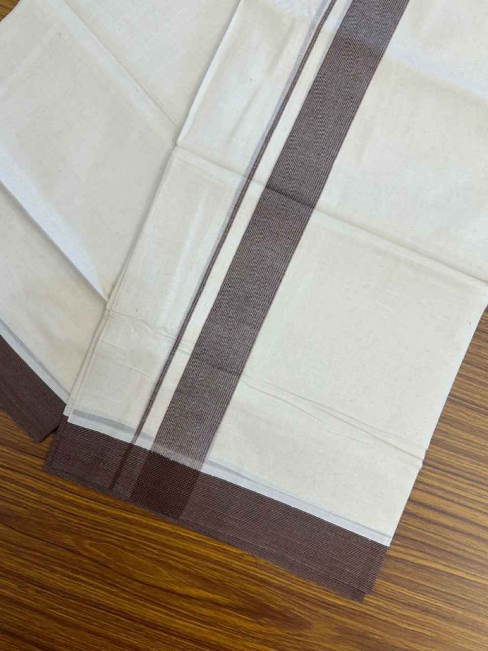 20% Discount! KaithariKada Balaramapuram 100% Cotton Off white Double Mundu/Dhoti - (100x80)S - 1.5 inch Brown Striped Kara - 4mtr (8.5muzham) - 110 KK5255 VAS