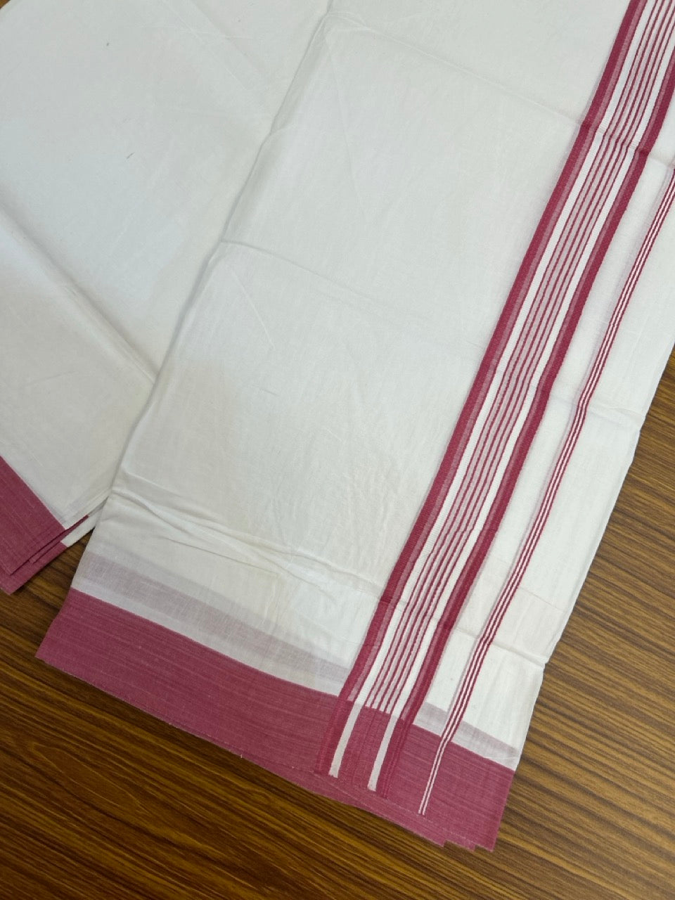 Pure White Double 20% Discount! KaithariKada 100% Cotton Pure Cotton Double Mundu / Dhoti - 100x80 - 1.5 inch Magenta White Stripes Shaded Kara 3.80 meter (8 muzham) - 110 KK5220 THI