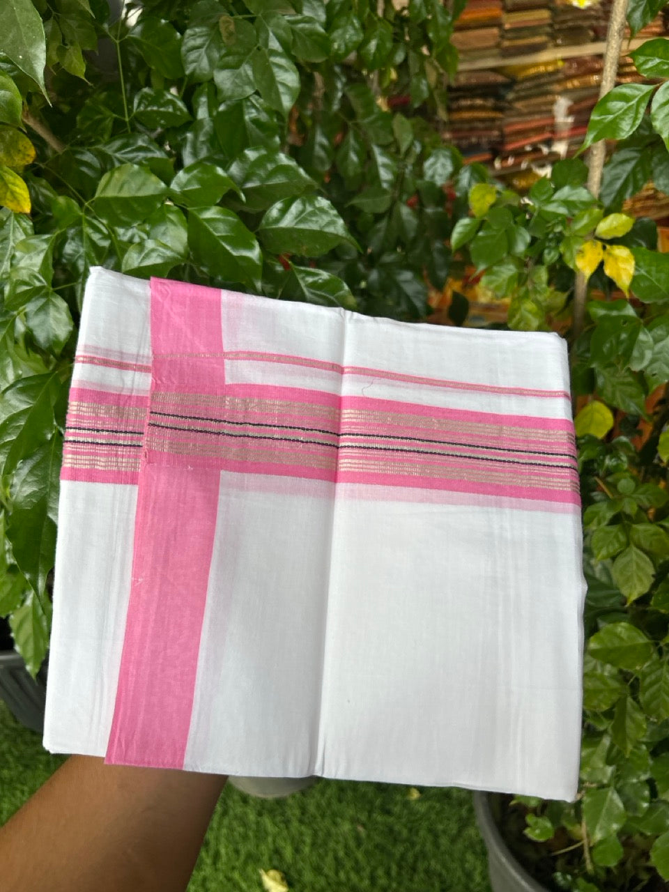 Pure White Double 20% Discount! KaithariKada 100% Cotton Pure Cotton Double Mundu / Dhoti - 100x80 - 1.5 inch Magenta Black Silver Kasav Stripes Shaded Kara 3.80 meter (8 muzham) - 111 KK5220 THI