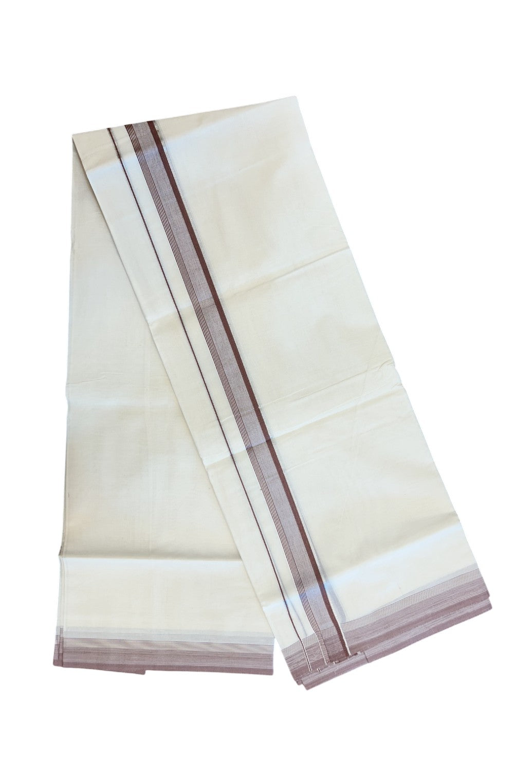 20% DISCOUNT! KaithariKada Balaramapuram 100% Cotton Double OFF WHITE (unbleached) Mundu/Dhoti- 100x80- 1.25 inch Silver Kasavu & Brown Stripes Shaded Kara 4 mtr (8.5 muzham) - 96KK5227 PMC