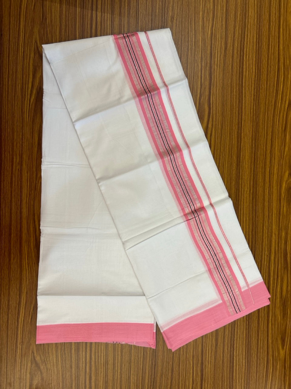 Pure White Double 20% Discount! KaithariKada 100% Cotton Pure Cotton Double Mundu / Dhoti - 100x80 - 1.5 inch Magenta Black Silver Kasav Stripes Shaded Kara 3.80 meter (8 muzham) - 111 KK5220 THI