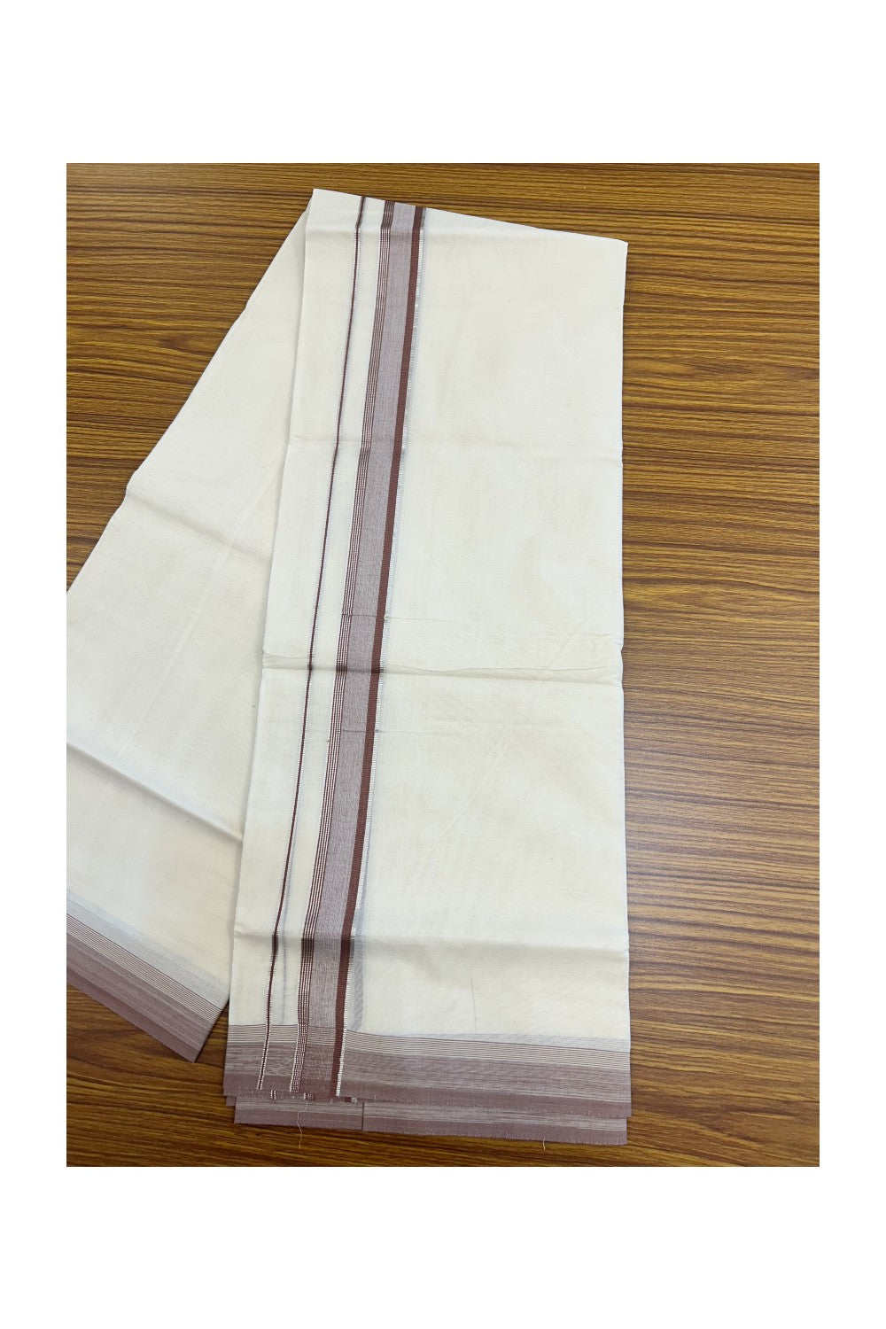 20% DISCOUNT! KaithariKada Balaramapuram 100% Cotton Double OFF WHITE (unbleached) Mundu/Dhoti- 100x80- 1.25 inch Silver Kasavu & Brown Stripes Shaded Kara 4 mtr (8.5 muzham) - 96KK5227 PMC