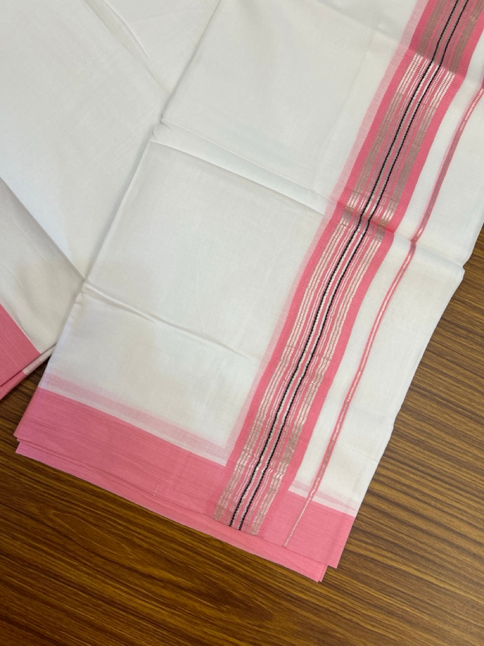 Pure White Double 20% Discount! KaithariKada 100% Cotton Pure Cotton Double Mundu / Dhoti - 100x80 - 1.5 inch Magenta Black Silver Kasav Stripes Shaded Kara 3.80 meter (8 muzham) - 111 KK5220 THI