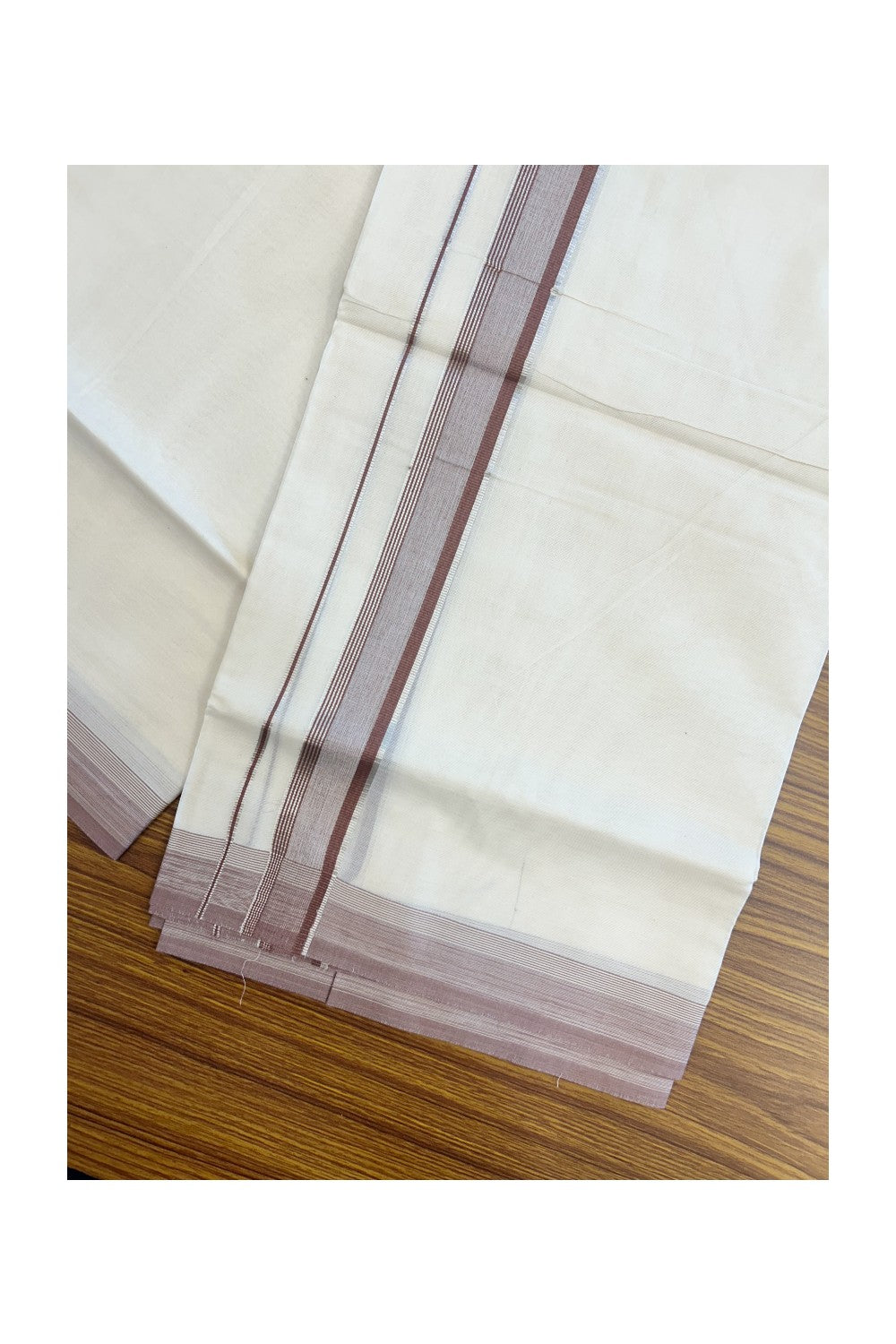 20% DISCOUNT! KaithariKada Balaramapuram 100% Cotton Double OFF WHITE (unbleached) Mundu/Dhoti- 100x80- 1.25 inch Silver Kasavu & Brown Stripes Shaded Kara 4 mtr (8.5 muzham) - 96KK5227 PMC