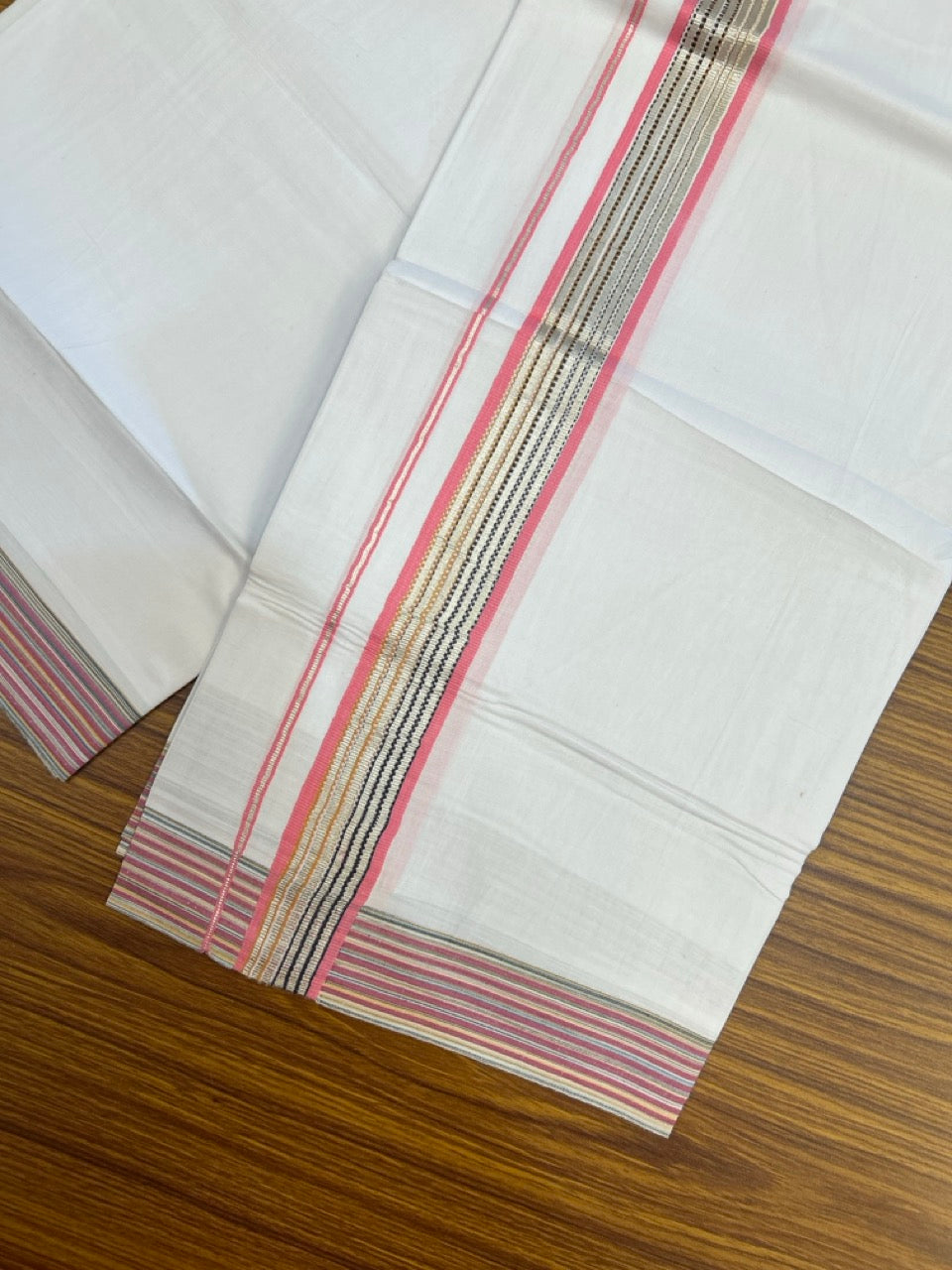 Pure White Double 20% Discount! KaithariKada 100% Cotton Pure Cotton Double Mundu / Dhoti - 100x80 - 1.5 inch Pink Navy Yellow Silver Kasav Stripes Kara 3.80 meter (8 muzham) - 112 KK5220 THI