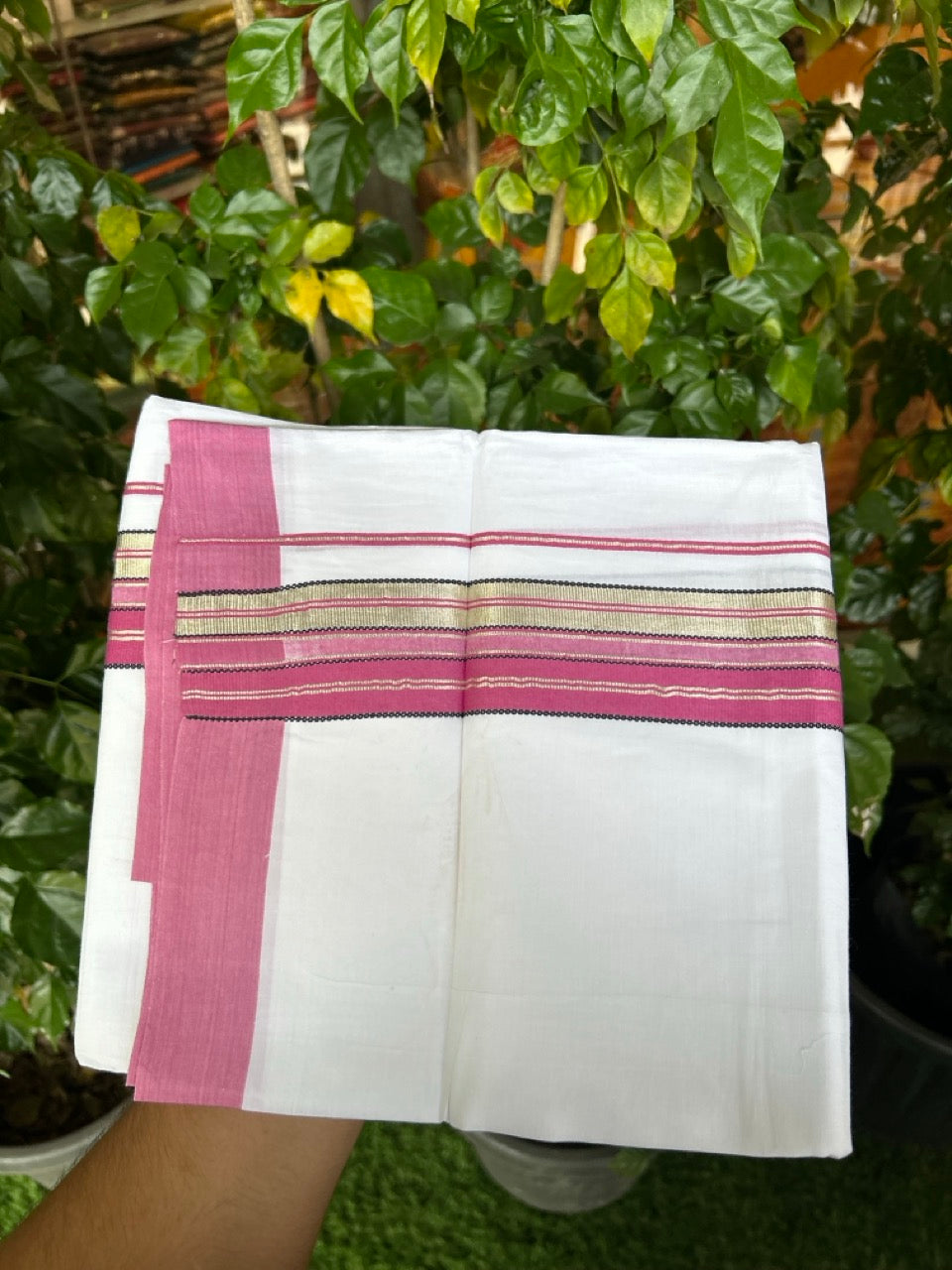 Pure White Double 20% Discount! KaithariKada 100% Cotton Pure Cotton Double Mundu / Dhoti - 100x80 - 2 inch Magenta Pink Black Silver Kasav Stripes Kara 3.80 meter (8 muzham) - 113 KK5220 THI