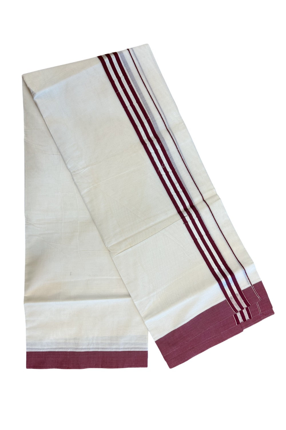 20% DISCOUNT! KaithariKada Balaramapuram 100% Cotton Double OFF WHITE (unbleached) Mundu/Dhoti- 100x80- 1.5 inch Silver Kasavu & Maroon Stripes Shaded Kara 4 mtr (8.5 muzham) - 98KK5227 PMC