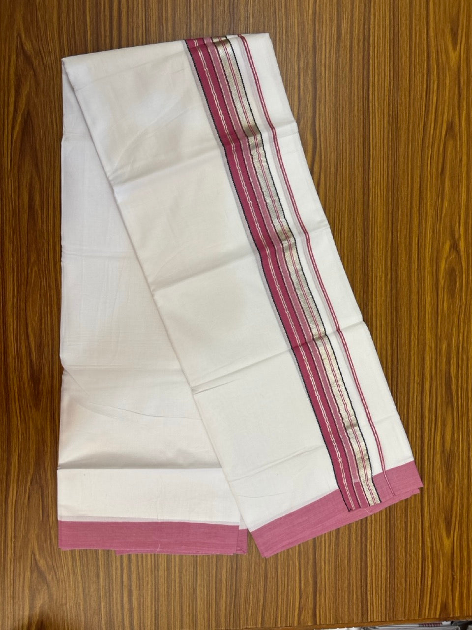 Pure White Double 20% Discount! KaithariKada 100% Cotton Pure Cotton Double Mundu / Dhoti - 100x80 - 2 inch Magenta Pink Black Silver Kasav Stripes Kara 3.80 meter (8 muzham) - 113 KK5220 THI