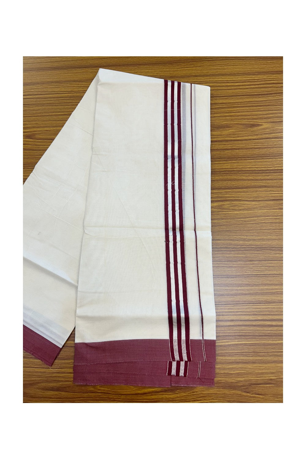 20% DISCOUNT! KaithariKada Balaramapuram 100% Cotton Double OFF WHITE (unbleached) Mundu/Dhoti- 100x80- 1.5 inch Silver Kasavu & Maroon Stripes Shaded Kara 4 mtr (8.5 muzham) - 98KK5227 PMC