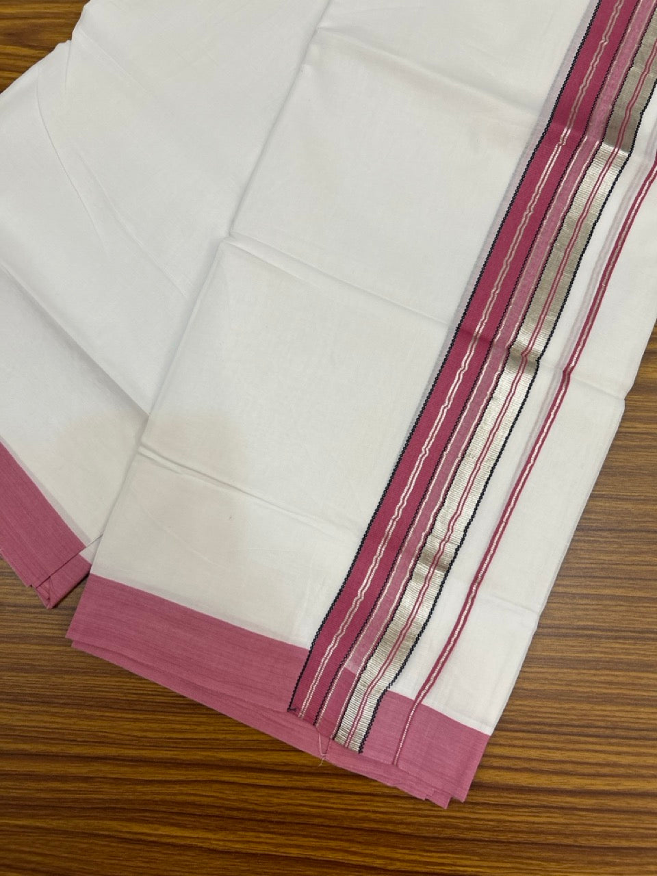 Pure White Double 20% Discount! KaithariKada 100% Cotton Pure Cotton Double Mundu / Dhoti - 100x80 - 2 inch Magenta Pink Black Silver Kasav Stripes Kara 3.80 meter (8 muzham) - 113 KK5220 THI