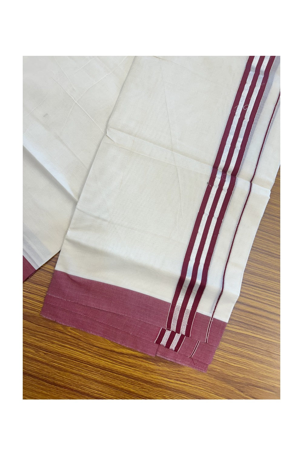 20% DISCOUNT! KaithariKada Balaramapuram 100% Cotton Double OFF WHITE (unbleached) Mundu/Dhoti- 100x80- 1.5 inch Silver Kasavu & Maroon Stripes Shaded Kara 4 mtr (8.5 muzham) - 98KK5227 PMC